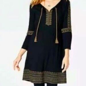 NWT J. JILL TUNIC DRESS WOMENS XL BLACK EMBROIDERED BOHO PEASANT LONG SLEEVE